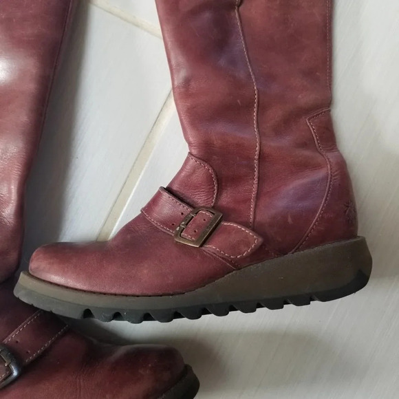 Fly London Mes 2 Petrol Leather Low Wedge  Calf Boots Purple 37 - Picture 10 of 15